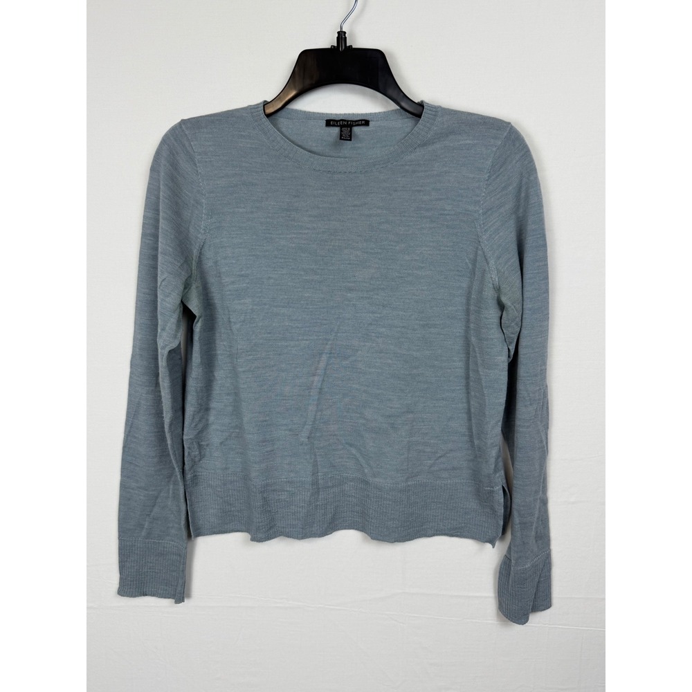 Eileen Fisher Merino Wool Sweater XS Blue Grey Crew Neck Side Slit